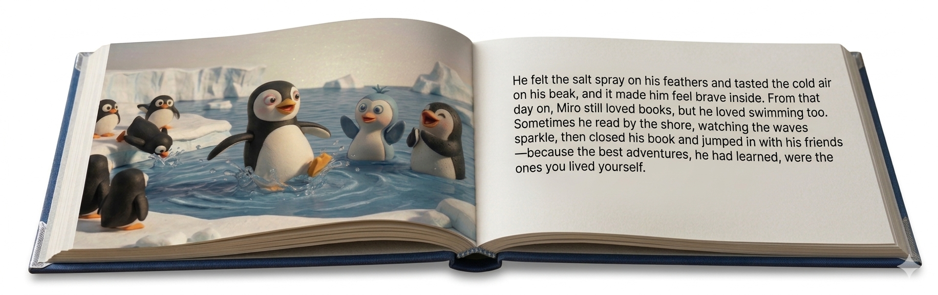 A spread view of a physical book about penguins